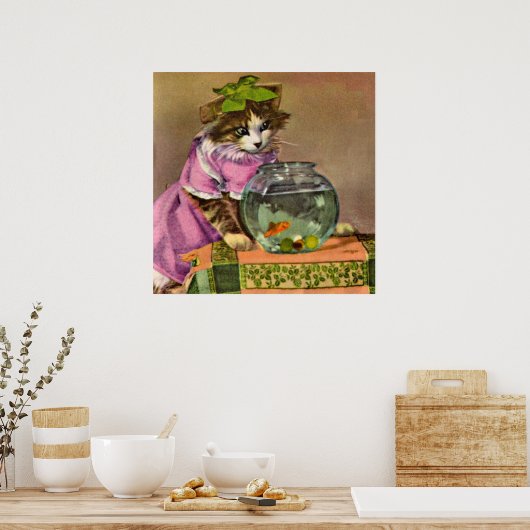 geklede kat en viskuit poster (Keuken)
