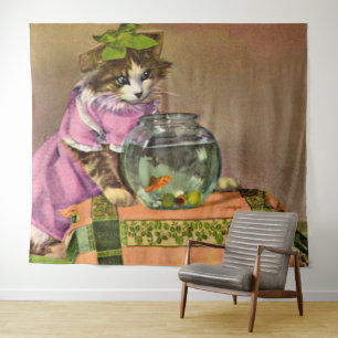 geklede kat en viskuit wandkleed