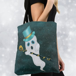Gekleed Ghost Top Hat Gold Skull Cane Blue Sky Tote Bag