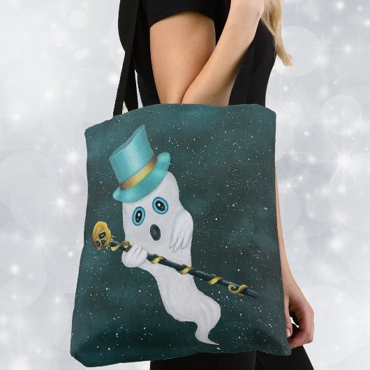 Gekleed Ghost Top Hat Gold Skull Cane Blue Sky Tote Bag