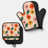 Gekleurd bloemmotief ovenwant & pannenlap set (Voorkant / Achterkant)