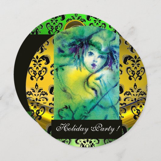 GEKLEURD IN GROEN, GEEL, ZWARTE DAMASKMONOGRAM Gem Kaart (Voorkant / Achterkant)