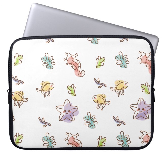 gekleurd zeefpatroon met zeeslepels en vissen v laptop sleeve (Voorkant)