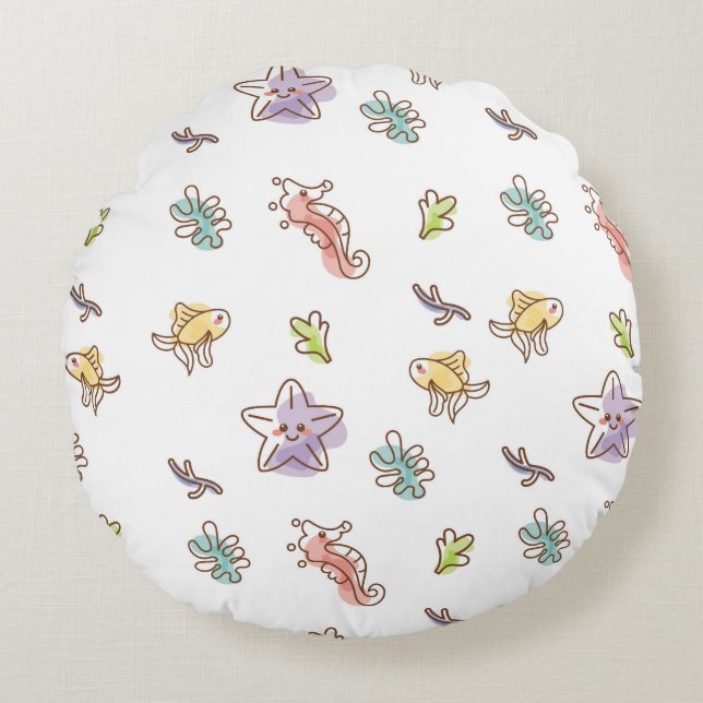 gekleurd zeefpatroon met zeeslepels en vissen v rond kussen (Voorkant)