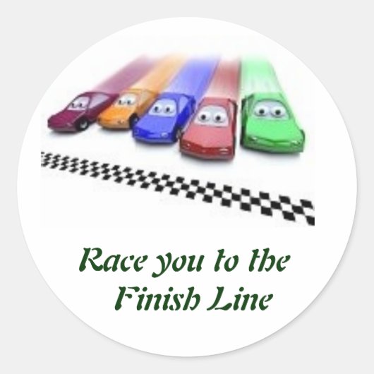gekleurde auto's, Race je naar de Finish Line Ronde Sticker (Voorkant)