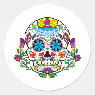 Gekleurde bloemen Mexicaans Tattoo Suikerschedel Ronde Sticker