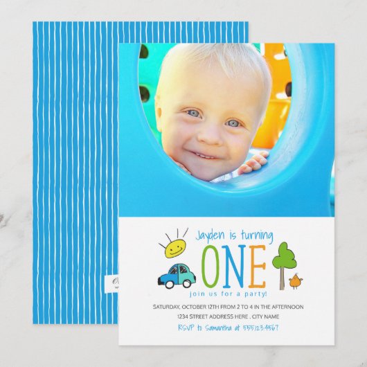 Gekleurde Doodles 1e Verjaardag Party Auto Zonnesc Kaart (Voorkant / Achterkant)