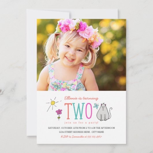 Gekleurde Doodles 2e verjaardagsfeestje Uitnodigen Kaart (Voorkant)