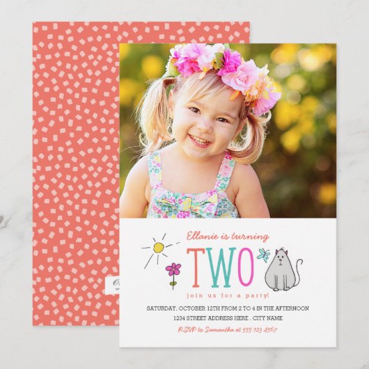 Gekleurde Doodles 2e verjaardagsfeestje Uitnodigen Kaart (Voorkant / Achterkant)