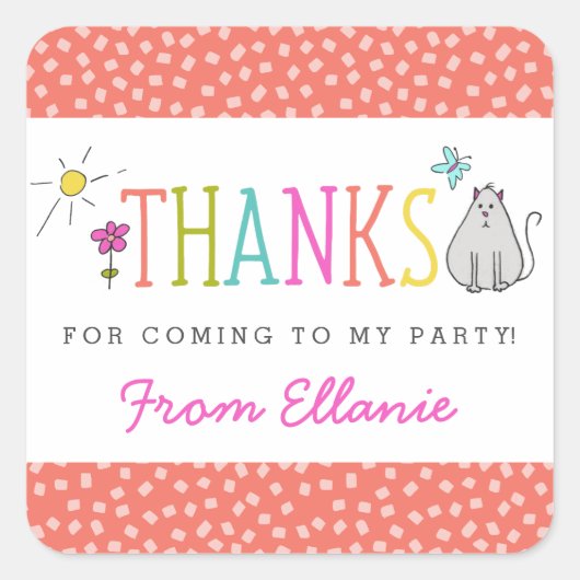Gekleurde Doodles Verjaardagsgunst Stickers / Kat (Voorkant)
