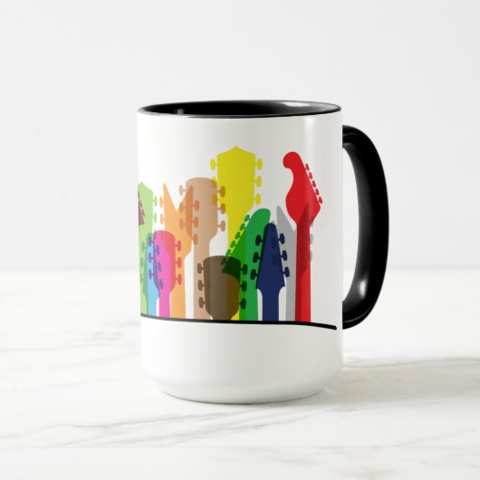 Gekleurde gitaar, gitaren met muziek noot. Gitaris Mok (Voorkant rechts)