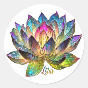 Gekleurde glas-in-lood lotusbloem op wit  ronde sticker