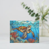 Gekleurde glazen zeeschildpad zwemmend, koraal briefkaart (Staand voorkant)