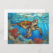 Gekleurde glazen zeeschildpad zwemmend, koraal briefkaart (Voorkant / Achterkant)