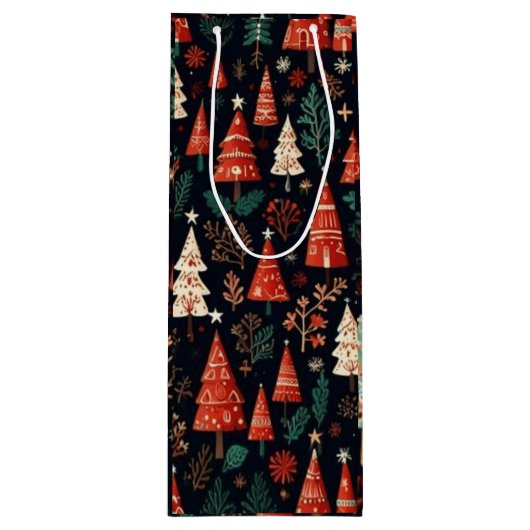 Gekleurde kerstbomen wijn cadeautas (Voorkant)
