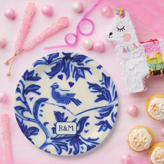  gekleurde kery - zangvogels en Initialen Papieren Bordje (Feest)