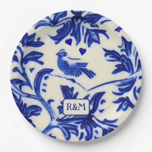  gekleurde kery - zangvogels en Initialen Papieren Bordje (Voorkant)