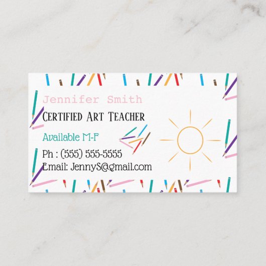 Gekleurde potloden Art Teacher Witte Visitekaartje (Achterkant)