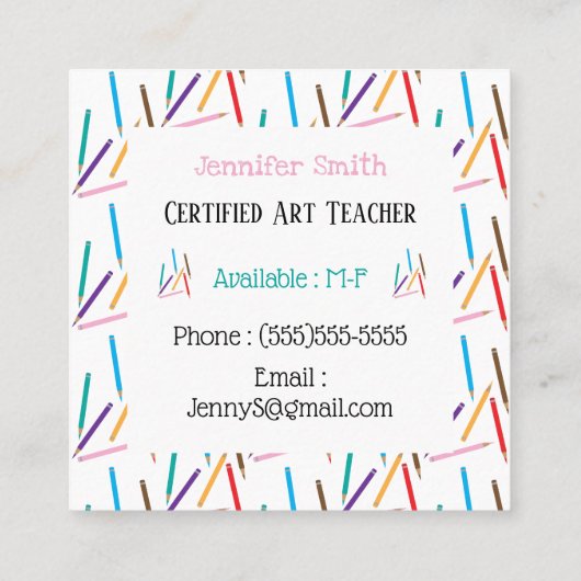 Gekleurde potloden Art White Square Visitekaartjes (Achterkant)