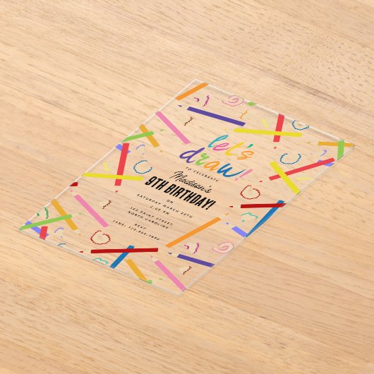 Gekleurde potloden Kinder kunst verjaardagsfeest Acryl Uitnodigingen (Laagn)