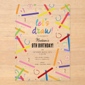 Gekleurde potloden Kinder kunst verjaardagsfeest Acryl Uitnodigingen (Voorkant)