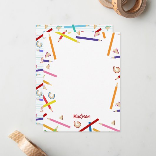 Gekleurde potloden Patroon Kinder aangepaste naam Notitiekaartje (Voorkant / Achterkant in situ)
