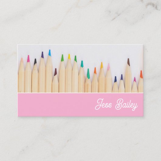 Gekleurde potloden Roze Leraar Visitekaartje (Voorkant)