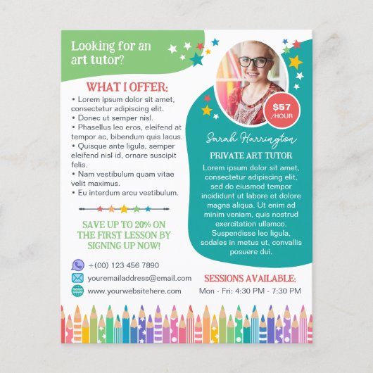 Gekleurde potloden Sterren Kunstlessen Tutor Promo Flyer (Voorkant)
