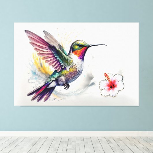 Gekleurde potlood kolibrie met bloem canvas afdruk (Insitu (Houten vloer))