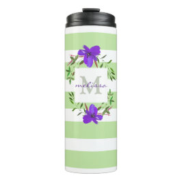 Gekleurde Violet Flowers met monogram en strepen Thermosbeker