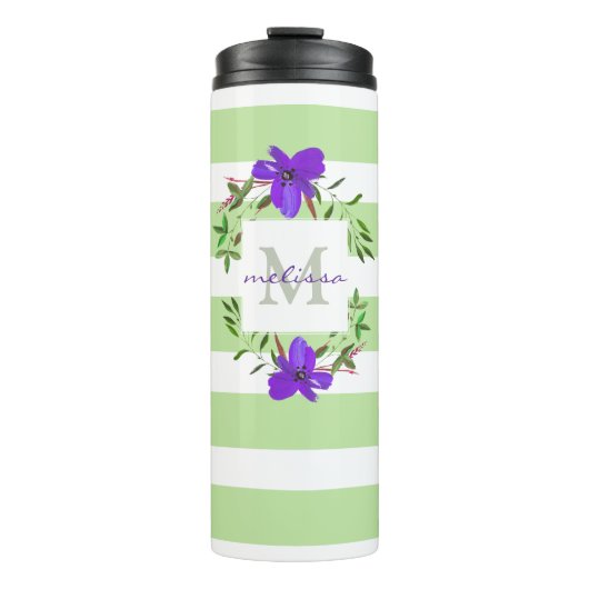 Gekleurde Violet Flowers met monogram en strepen Thermosbeker (Voorkant)