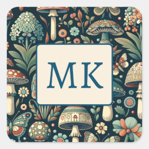 gekleurde vlinders, paddenstoelen en bladeren vierkante sticker