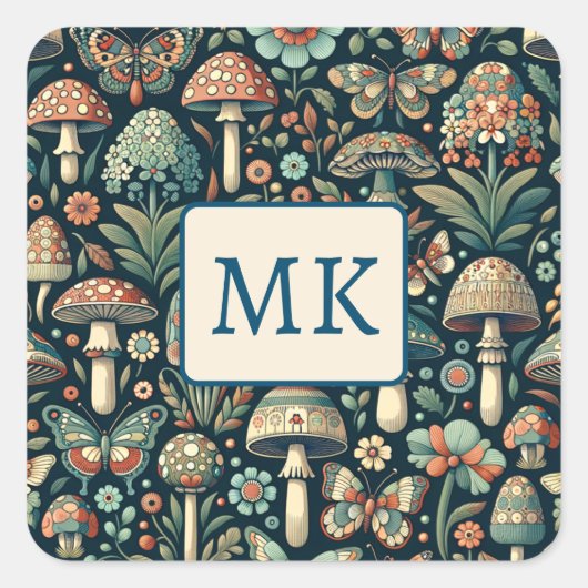 gekleurde vlinders, paddenstoelen en bladeren vierkante sticker (Voorkant)