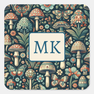 gekleurde vlinders, paddenstoelen en bladeren vierkante sticker