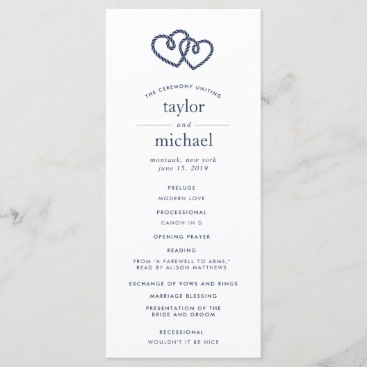 Geknoopte harten bruiloft ceremonie programma programmakaart (Voorkant)