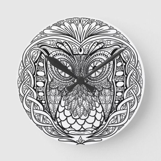 Geknoteerde Mandala Owl Black en White Ronde Klok (Voorkant)