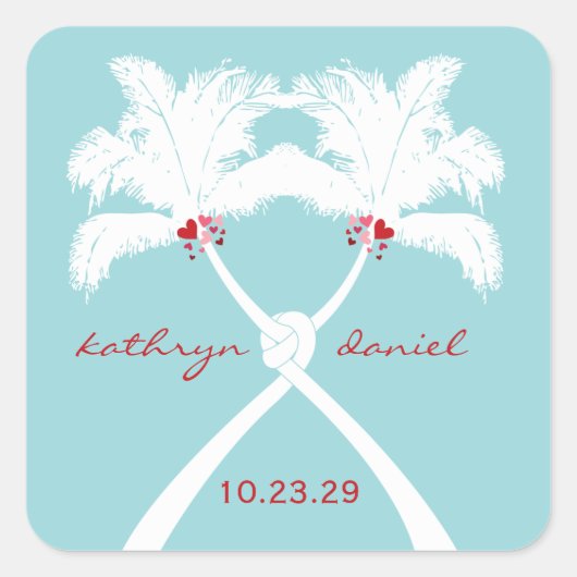 Geknoteerde palmbomen harten Tropisch strand bruil Vierkante Sticker (Voorkant)