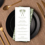 Geknoteerde palmbomen Modern klassieke tropische b Menu<br><div class="desc">Tropisch geknoteerde palm Trees Khaki Moss Green Beach Wedding / Destination Wedding Suite Design - Dinner / Lunch Menu Kaart. Dit tropische ontwerp is voorzien van een eenvoudige maar unieke illustratie van twee palmboomsilhouettes die in een knoop zijn verbonden. Dit moderne ontwerp is perfect voor een strandbruiloft, een tropische bruiloft...</div>