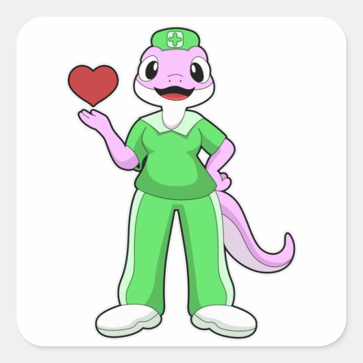 Geko als verpleegster met hart vierkante sticker (Voorkant)
