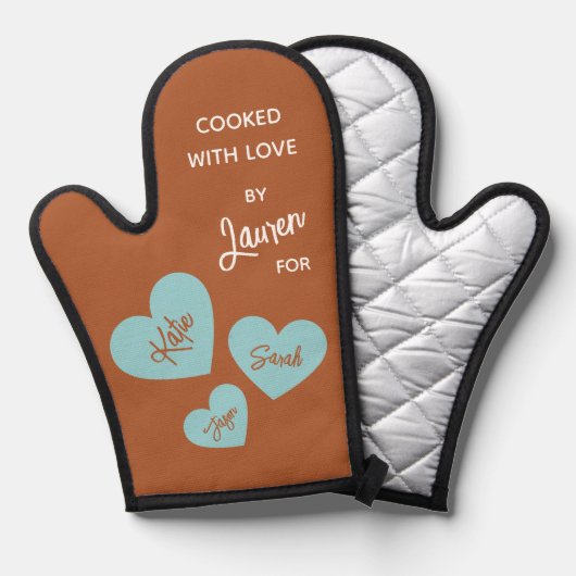 Gekookt met liefde Blauwgroen harten gepersonalise Ovenwant (Voorkant / Achterkant)