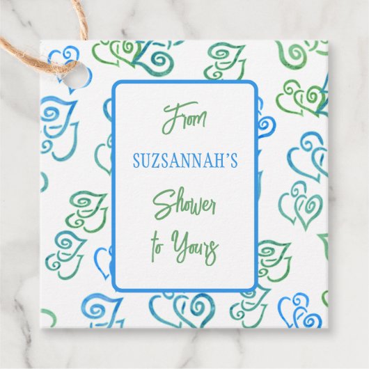 Gekoppeld groen & blauw hart patroon over witte pa bedankjes labels (Voorkant)