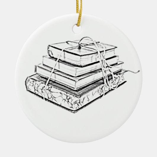 Gekoppelde Gestapelde Boeken Schetsillustratie Keramisch Ornament (Voorkant)