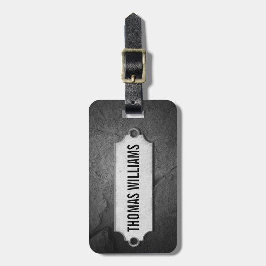 gekraakte zwarte steentextuur met metaal label bagagelabel (Voorkant verticaal)