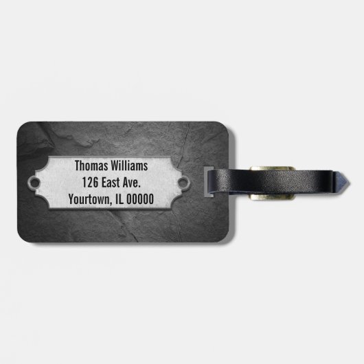gekraakte zwarte steentextuur met metaal label bagagelabel (Achterkant horizontaal)