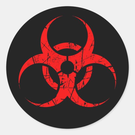 Gekrabd rood biohazard symbool op zwart ronde sticker (Voorkant)