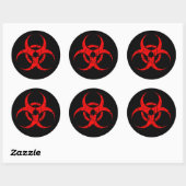 Gekrabd rood biohazard symbool op zwart ronde sticker (Vel)