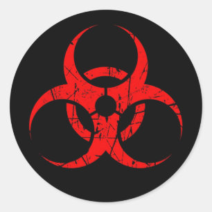 Gekrabd rood biohazard symbool op zwart ronde sticker