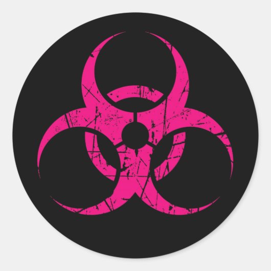 Gekrabd Roze Biohazard Symbool op Zwart Ronde Sticker (Voorkant)