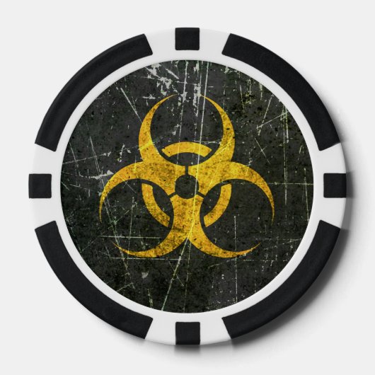 Gekrast en versleten geel biohazard symbool poker chips (Voorkant)