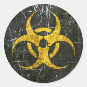 Gekrast en versleten geel biohazard symbool ronde sticker